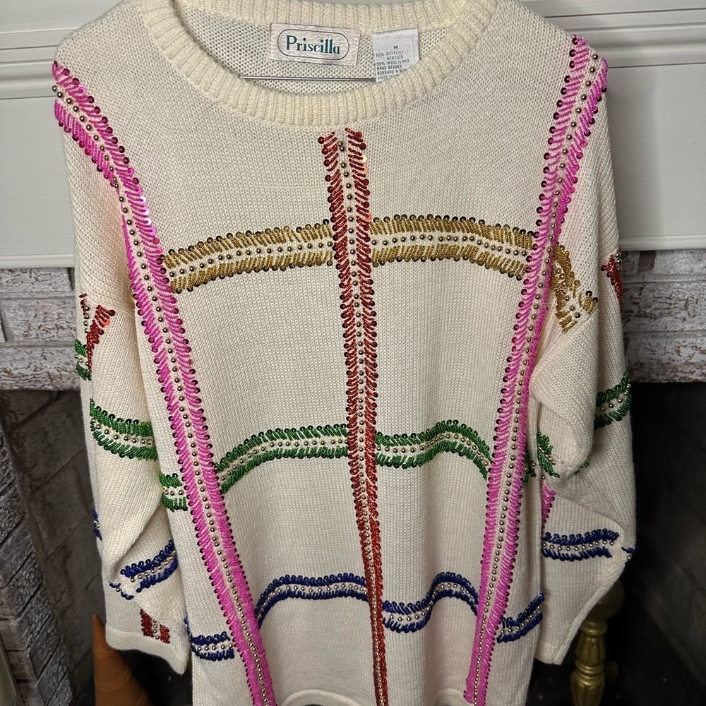 Vintage 80s 90s Priscilla Colorful Sequin Embellished Cream Knit Sweater Medium